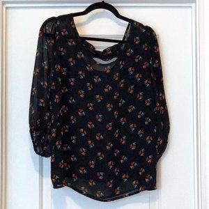 Gently Worn a.n.a Scooped Neck Semi Sheer Dark Blue Bird Print Blouse
